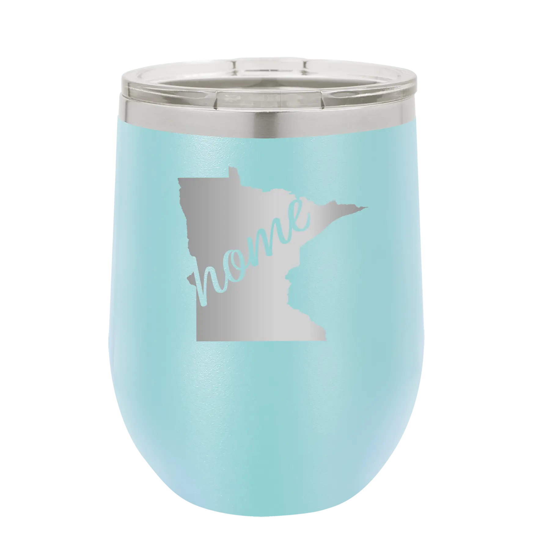 Laser etched light blue 12 oz vacuum insulated wine cup with 'Minnesota Home' design