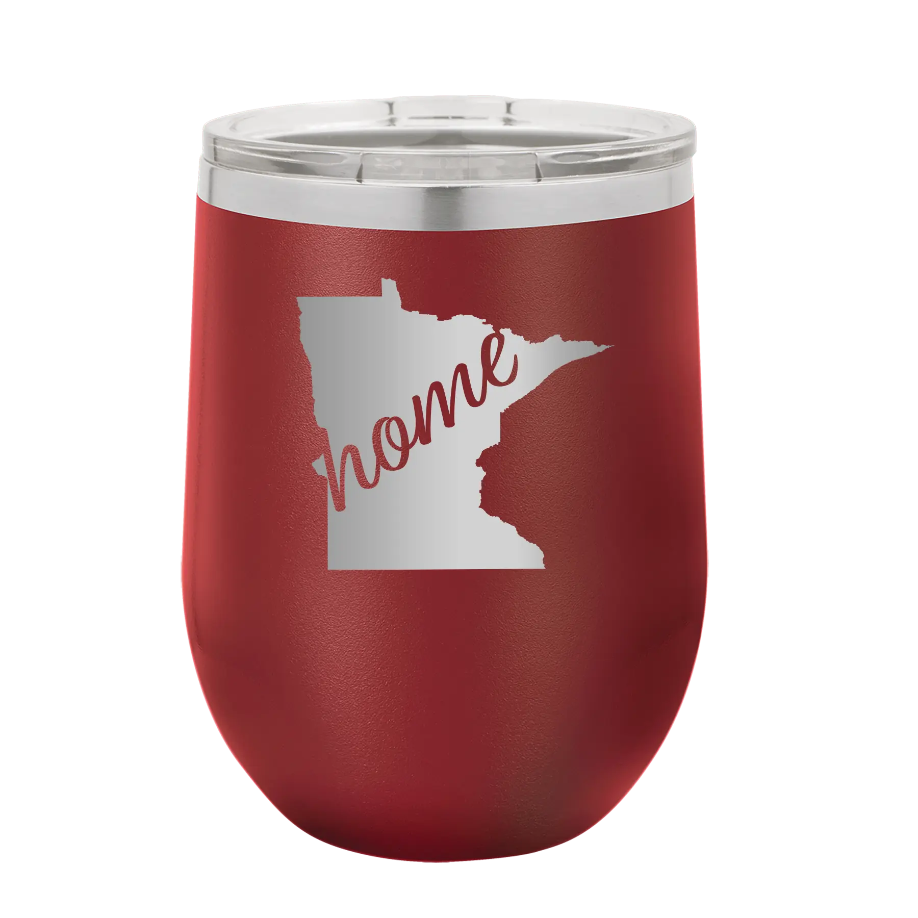 Laser etched maroon 12 oz vacuum insulated wine cup with 'Minnesota Home' design
