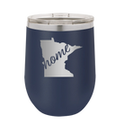 Laser etched navy 12 oz vacuum insulated wine cup with 'Minnesota Home' design
