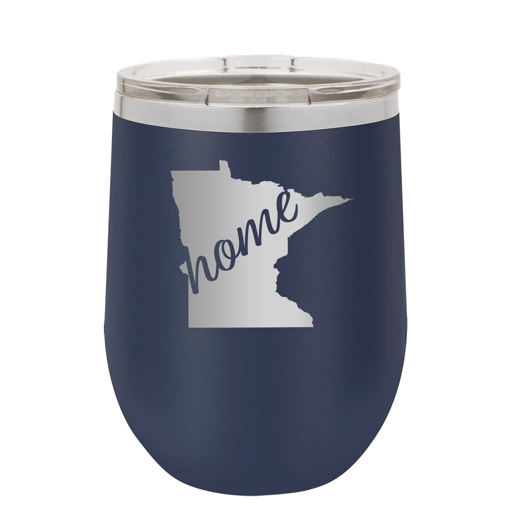 Laser etched navy 12 oz vacuum insulated wine cup with 'Minnesota Home' design