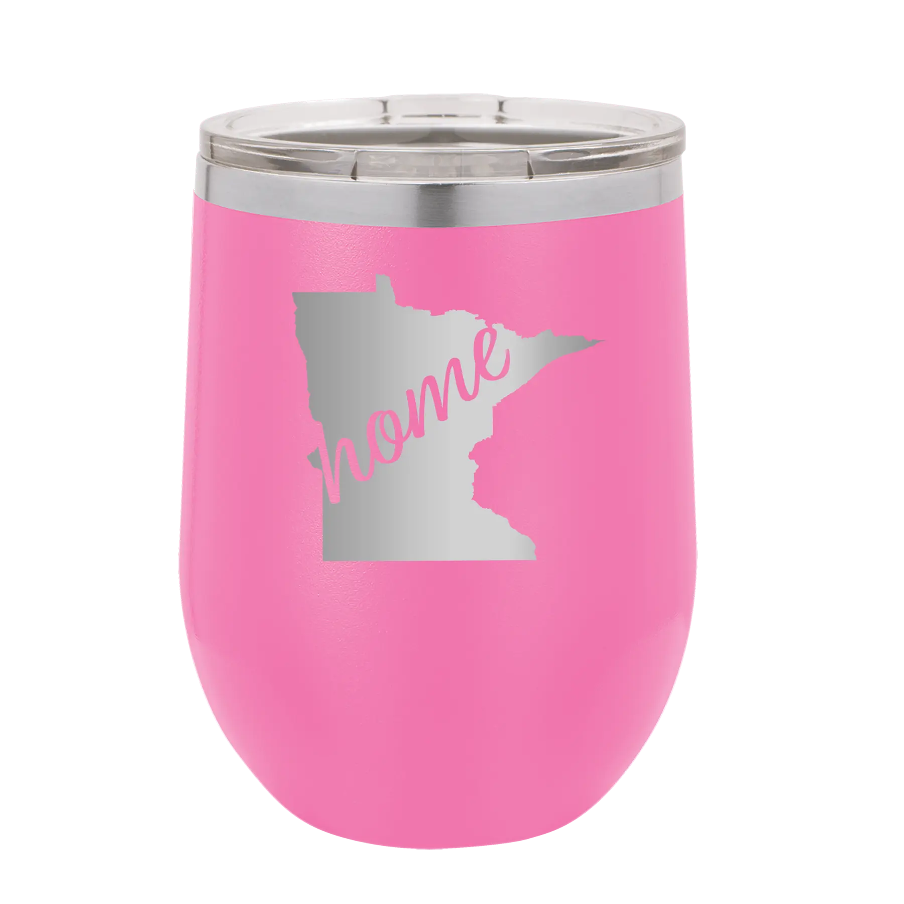 Laser etched pink 12 oz vacuum insulated wine cup with 'Minnesota Home' design