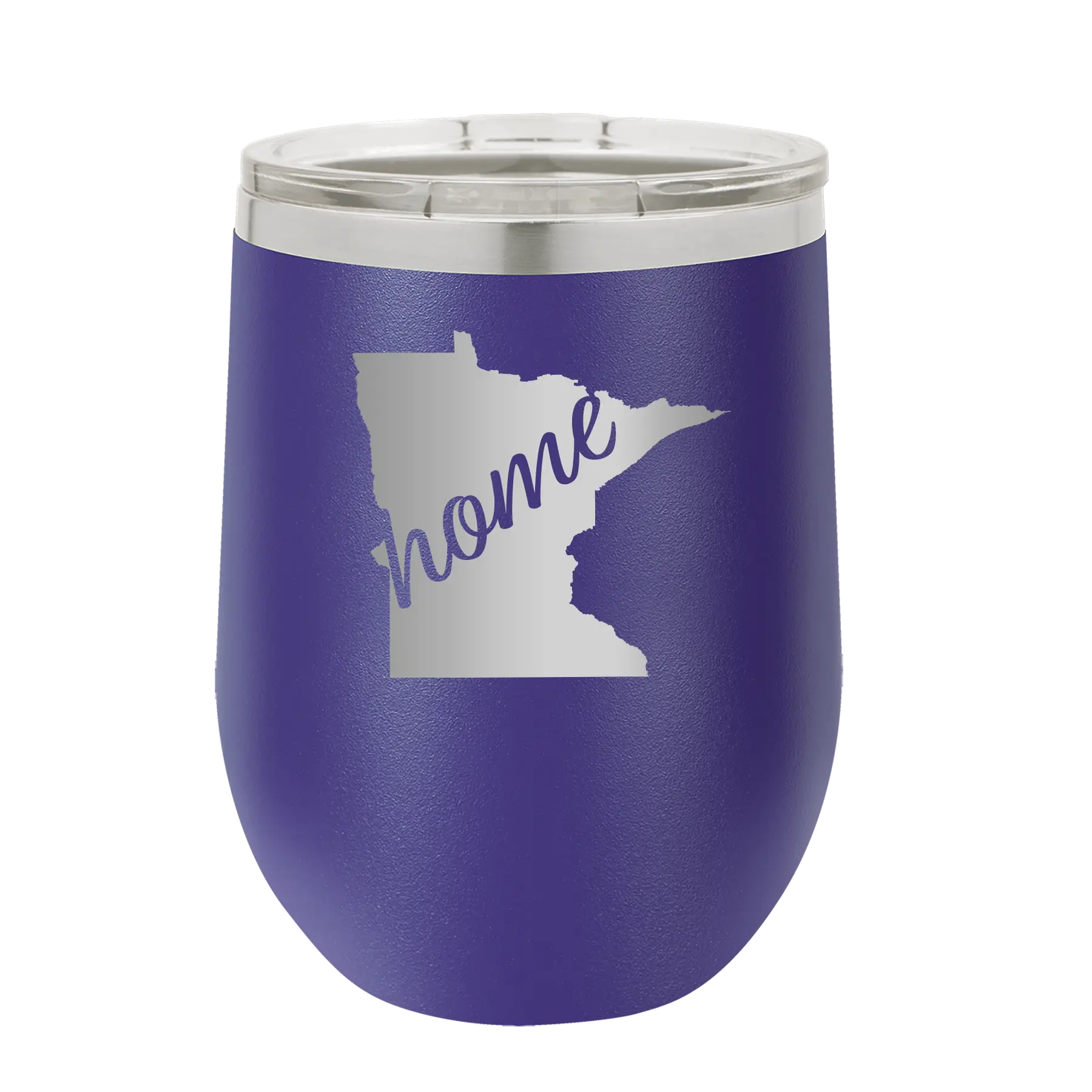Laser etched purple 12 oz vacuum insulated wine cup with 'Minnesota Home' design