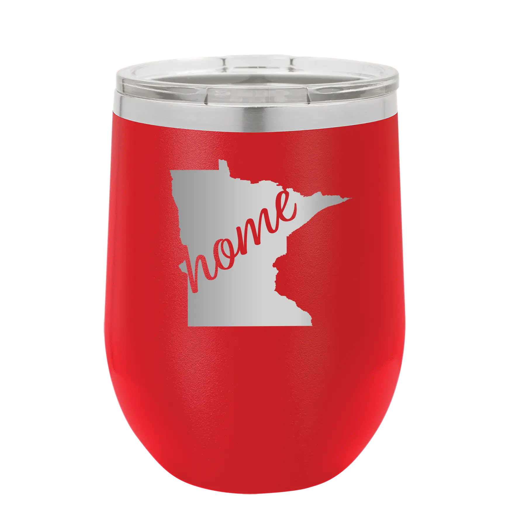 Laser etched red 12 oz vacuum insulated wine cup with 'Minnesota Home' design