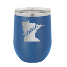 Laser etched royal blue 12 oz vacuum insulated wine cup with 'Minnesota Home' design