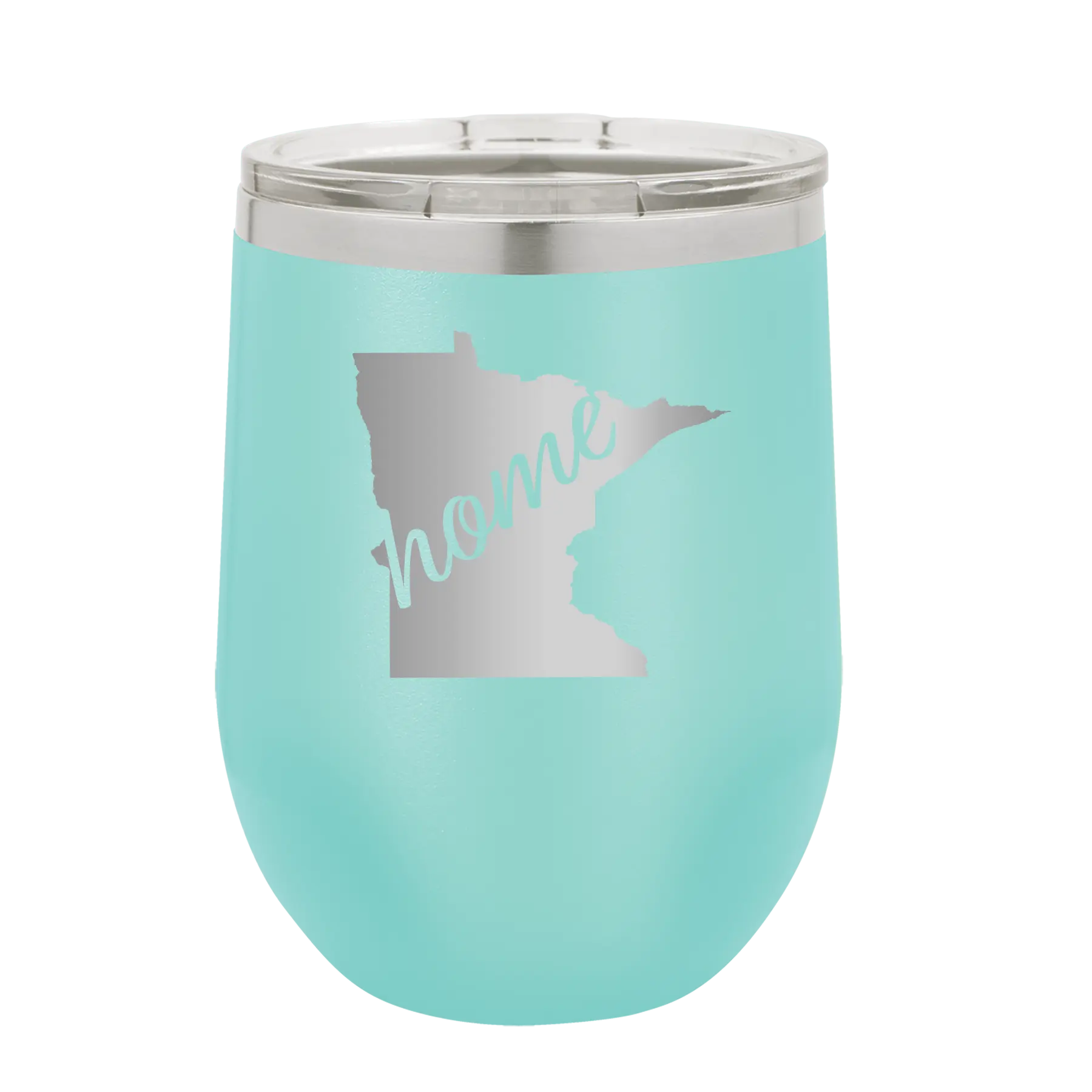 Laser etched teal 12 oz vacuum insulated wine cup with 'Minnesota Home' design