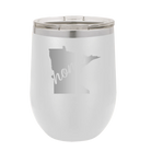 Laser etched white 12 oz vacuum insulated wine cup with 'Minnesota Home' design