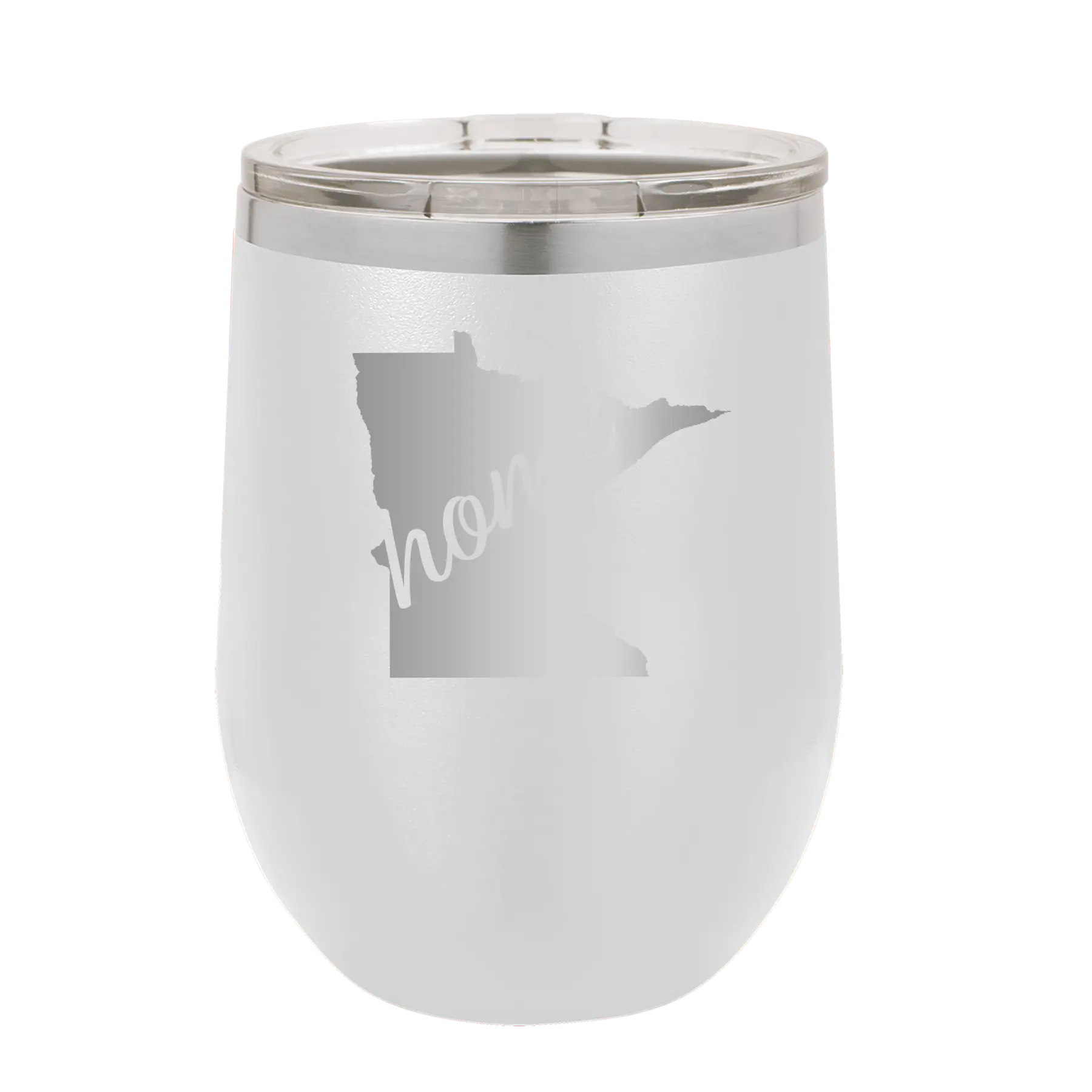 Laser etched white 12 oz vacuum insulated wine cup with 'Minnesota Home' design