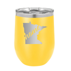 Laser etched yellow 12 oz vacuum insulated wine cup with 'Minnesota Home' design