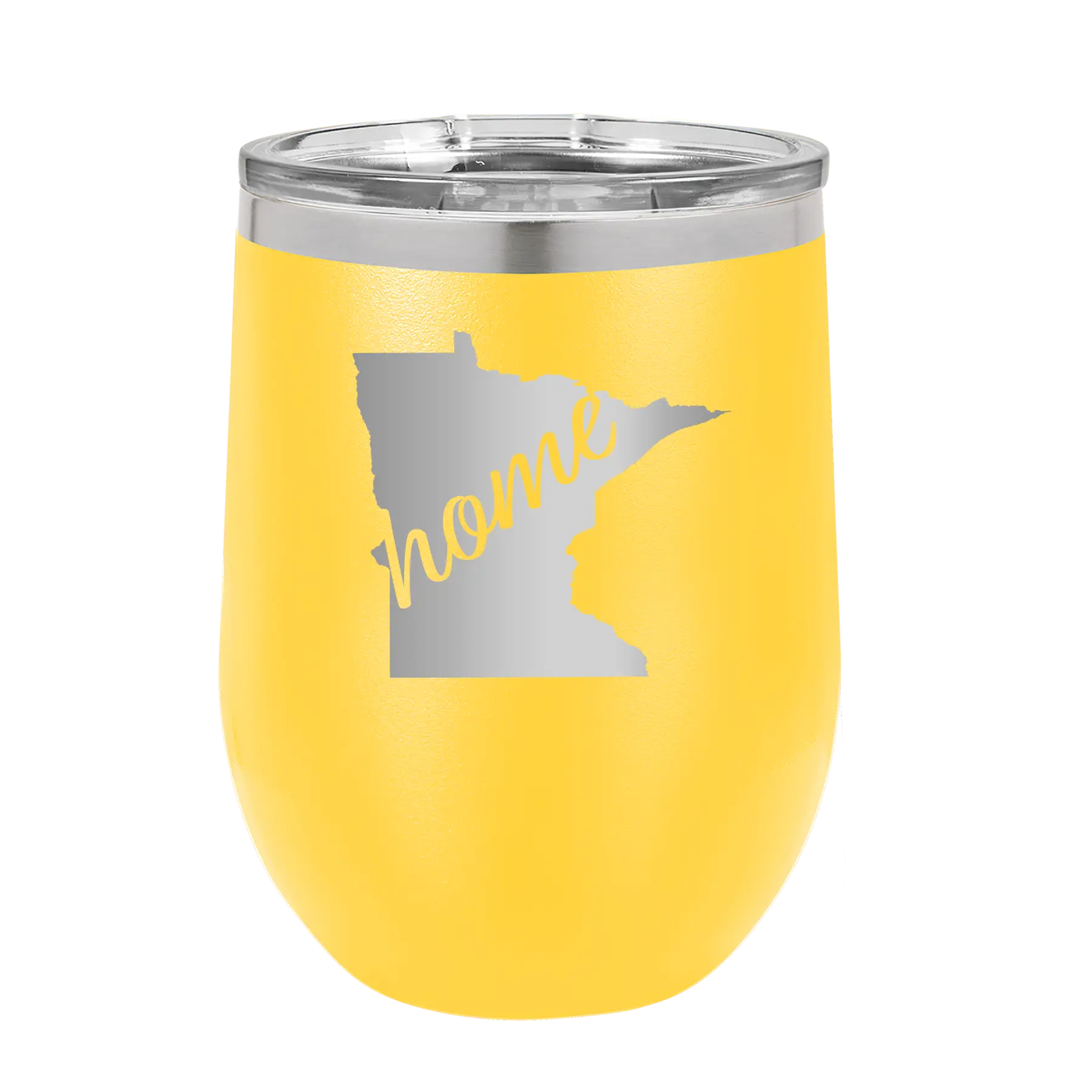 Laser etched yellow 12 oz vacuum insulated wine cup with 'Minnesota Home' design