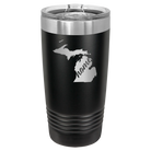 Laser etched black 20 oz vacuum insulated tumbler with 'Michigan Home' design