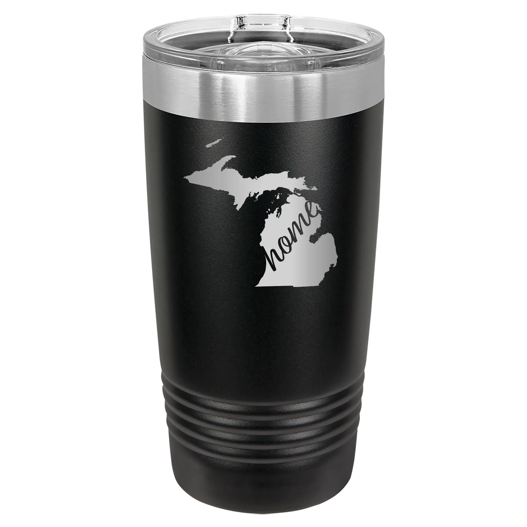 Laser etched black 20 oz vacuum insulated tumbler with 'Michigan Home' design