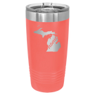 Laser etched coral 20 oz vacuum insulated tumbler with 'Michigan Home' design