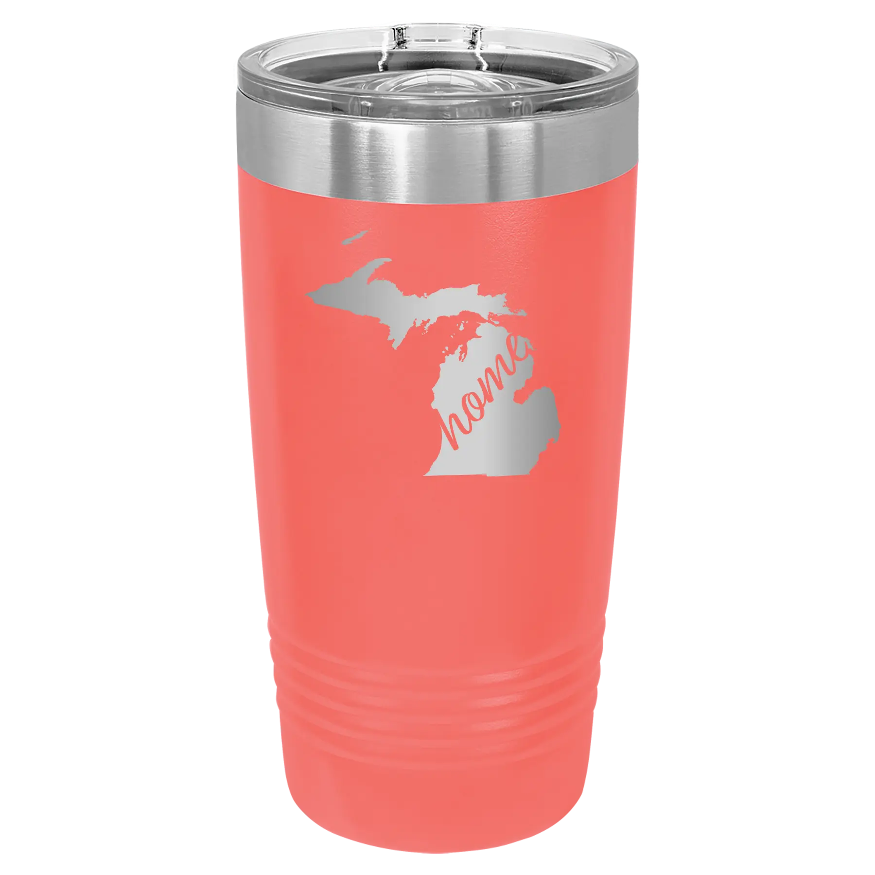 Laser etched coral 20 oz vacuum insulated tumbler with 'Michigan Home' design