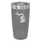 Laser etched dark gray 20 oz vacuum insulated tumbler with 'Michigan Home' design