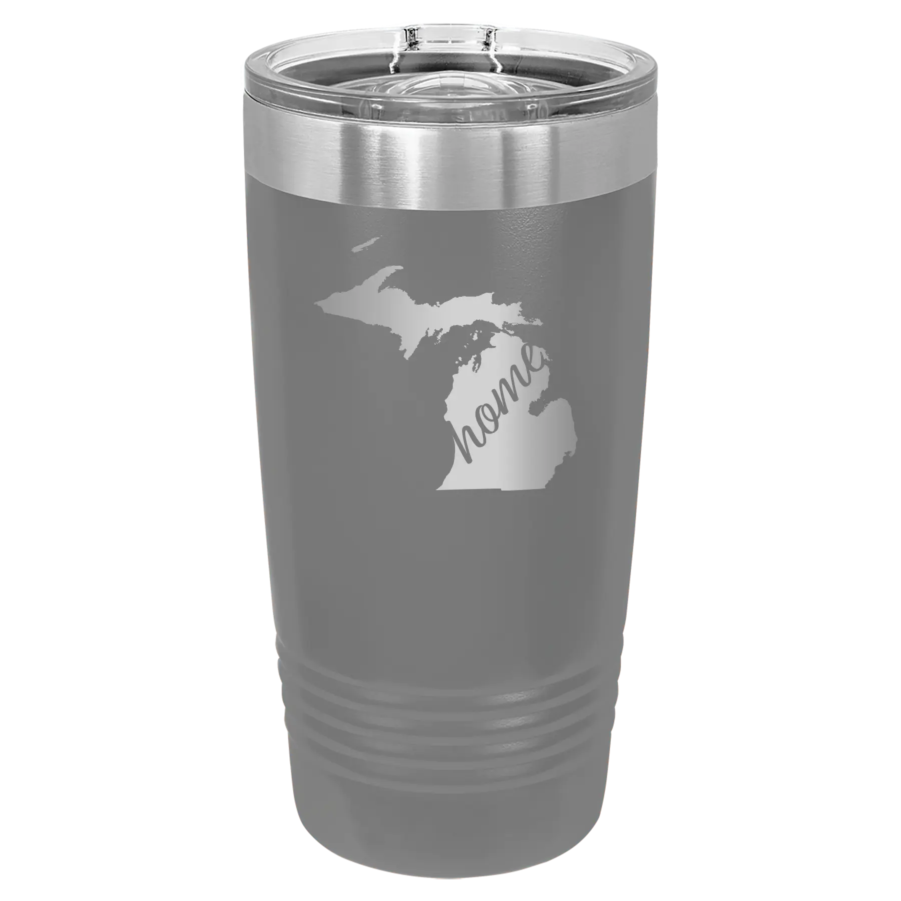 Laser etched dark gray 20 oz vacuum insulated tumbler with 'Michigan Home' design