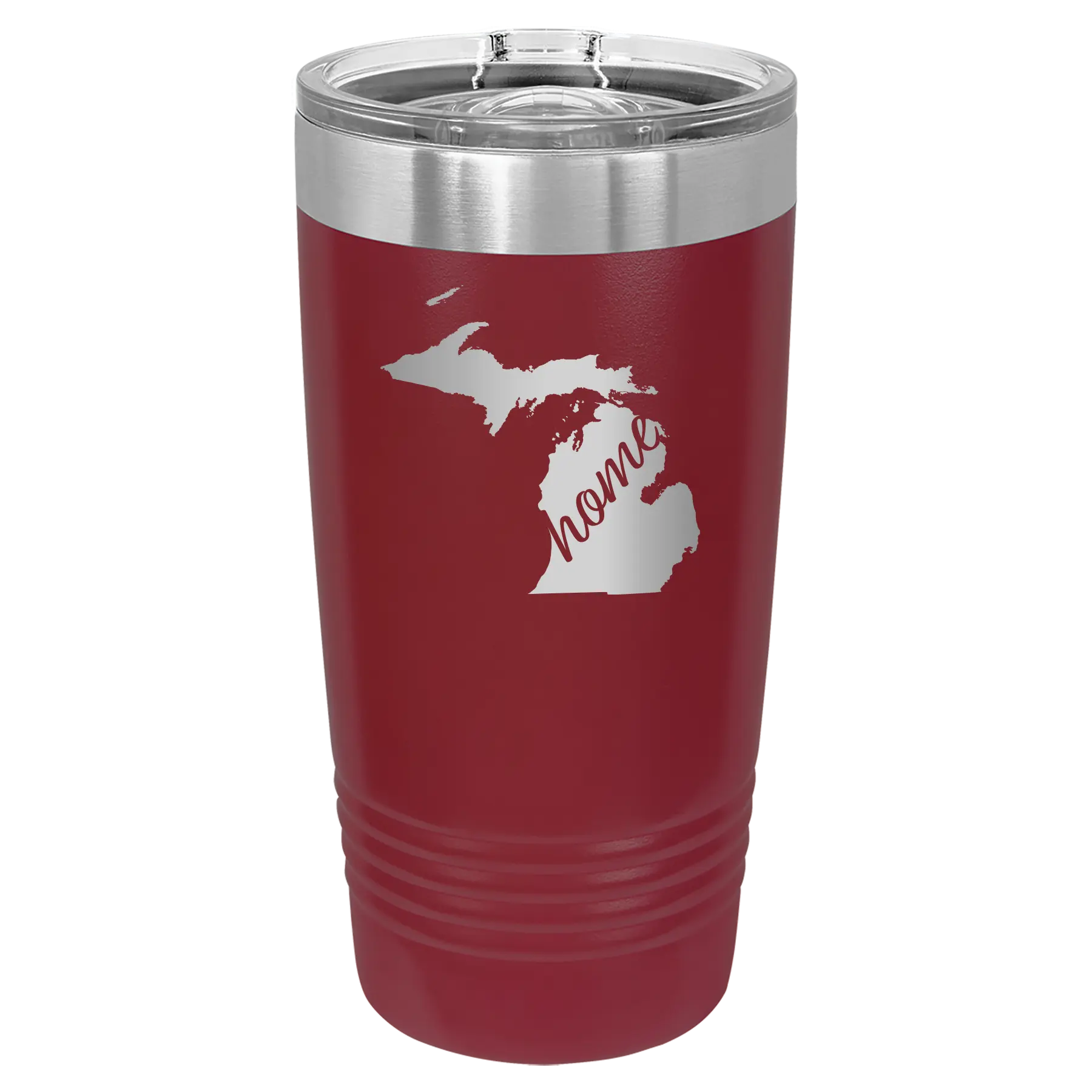Laser etched maroon 20 oz vacuum insulated tumbler with 'Michigan Home' design