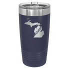 Laser etched navy 20 oz vacuum insulated tumbler with 'Michigan Home' design