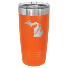 Laser etched orange 20 oz vacuum insulated tumbler with 'Michigan Home' design