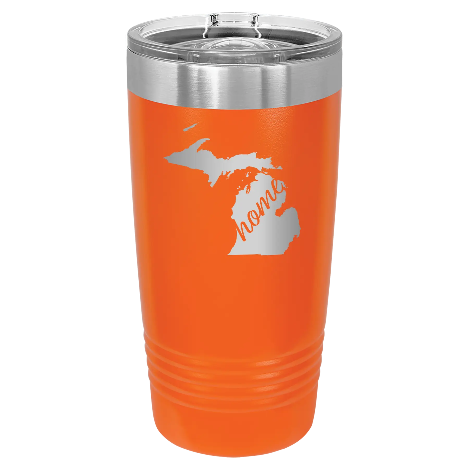 Laser etched orange 20 oz vacuum insulated tumbler with 'Michigan Home' design