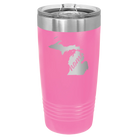Laser etched pink 20 oz vacuum insulated tumbler with 'Michigan Home' design