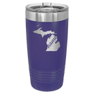 Laser etched purple 20 oz vacuum insulated tumbler with 'Michigan Home' design
