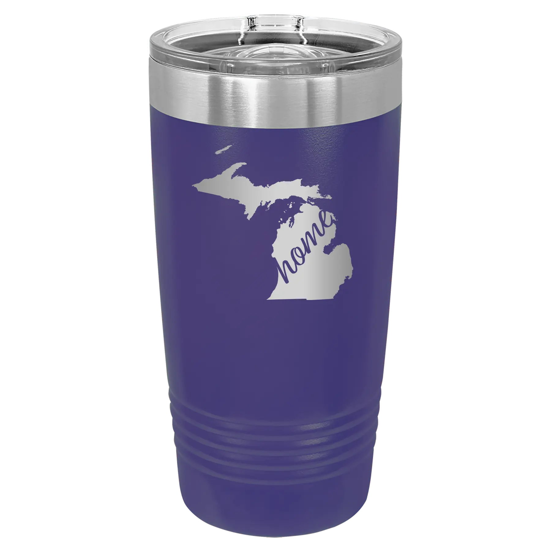 Laser etched purple 20 oz vacuum insulated tumbler with 'Michigan Home' design