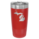 Laser etched red 20 oz vacuum insulated tumbler with 'Michigan Home' design