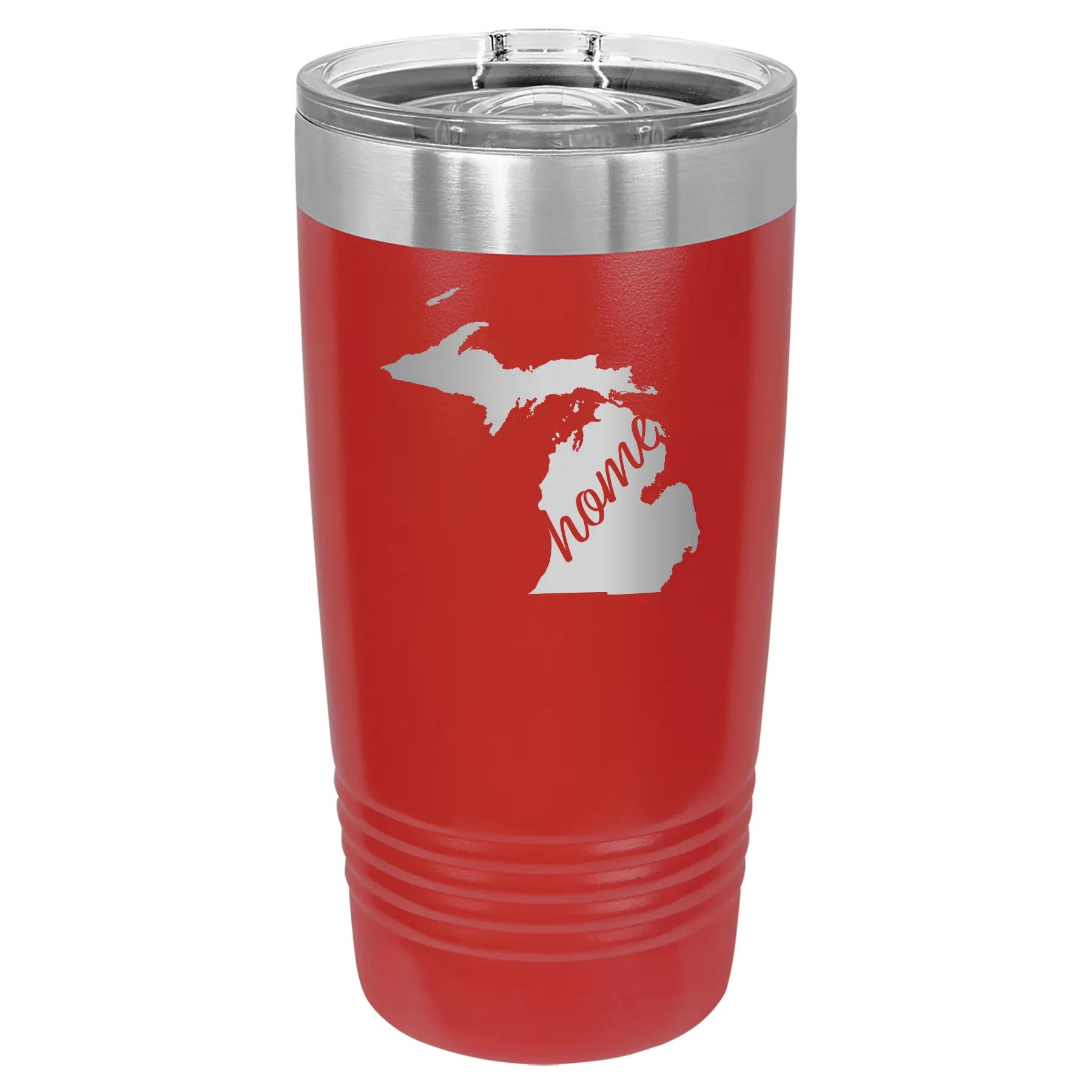 Laser etched red 20 oz vacuum insulated tumbler with 'Michigan Home' design