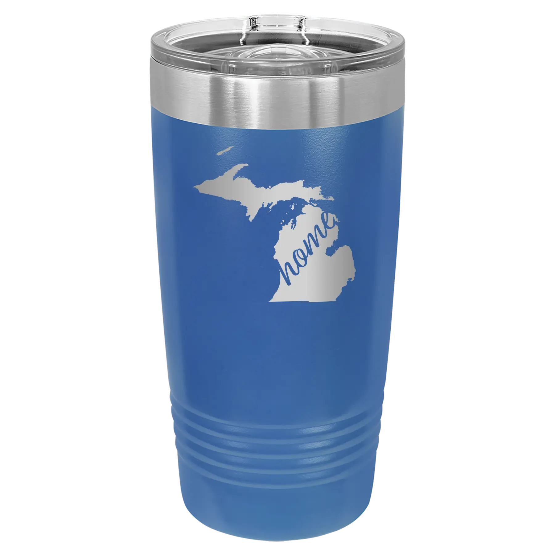 Laser etched royal blue 20 oz vacuum insulated tumbler with 'Michigan Home' design