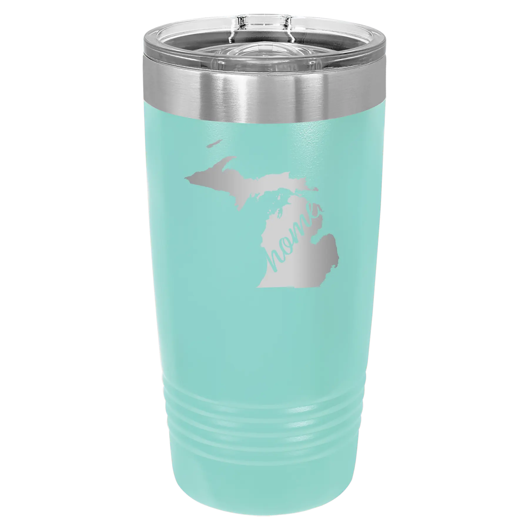 Laser etched teal 20 oz vacuum insulated tumbler with 'Michigan Home' design
