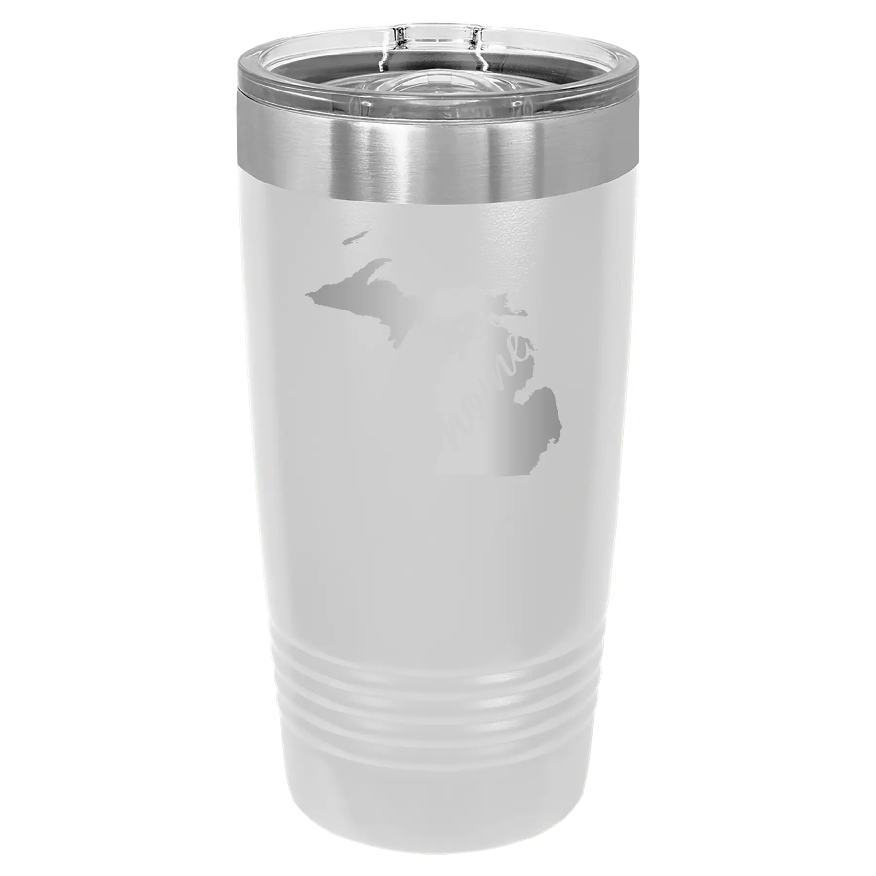 Laser etched white 20 oz vacuum insulated tumbler with 'Michigan Home' design