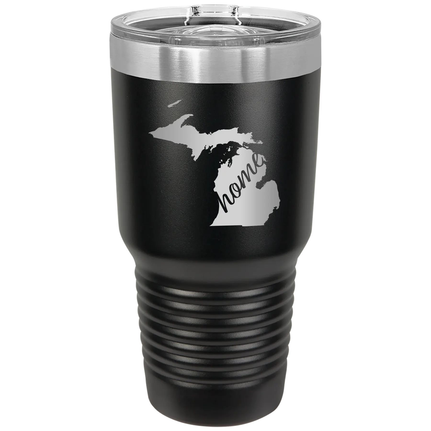 Laser etched black 30 oz vacuum insulated tumbler with 'Michigan Home' design