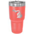 Laser etched coral 30 oz vacuum insulated tumbler with 'Michigan Home' design