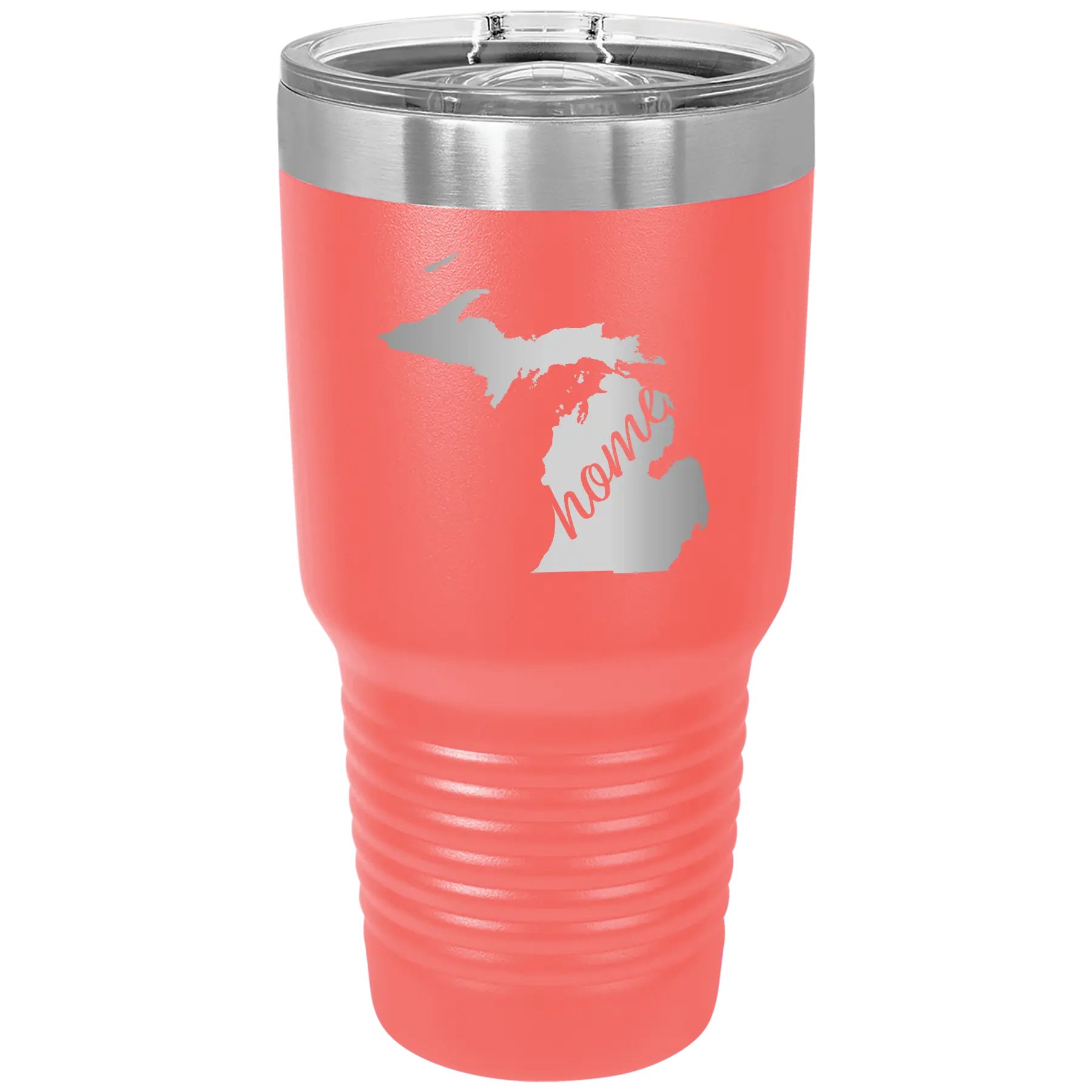 Laser etched coral 30 oz vacuum insulated tumbler with 'Michigan Home' design