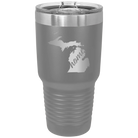 Laser etched dark gray 30 oz vacuum insulated tumbler with 'Michigan Home' design
