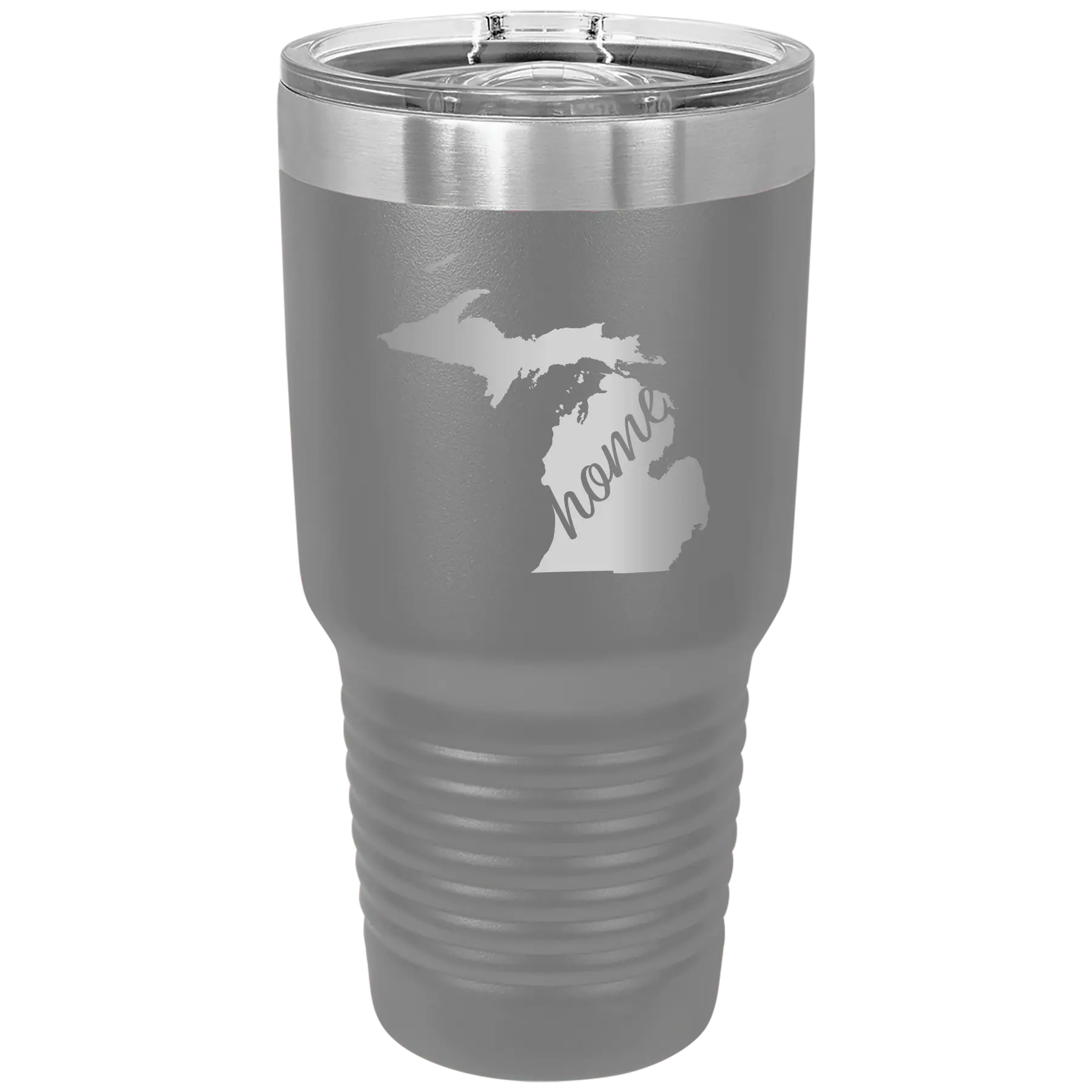 Laser etched dark gray 30 oz vacuum insulated tumbler with 'Michigan Home' design