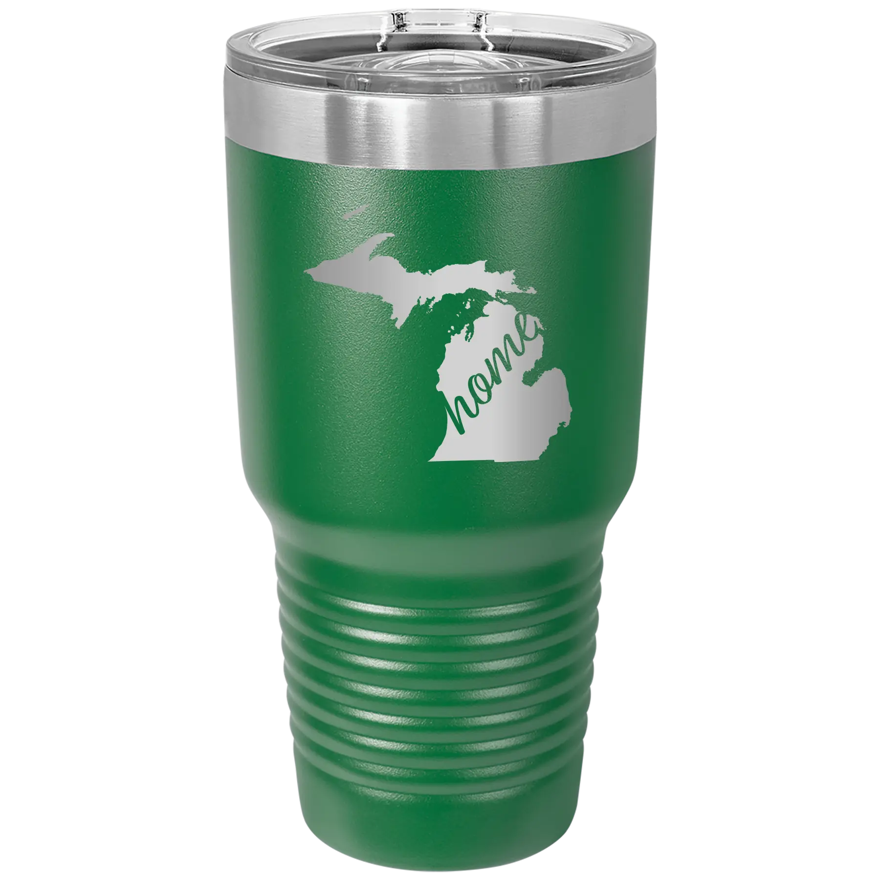 Laser etched green 30 oz vacuum insulated tumbler with 'Michigan Home' design
