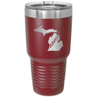 Laser etched maroon 30 oz vacuum insulated tumbler with 'Michigan Home' design