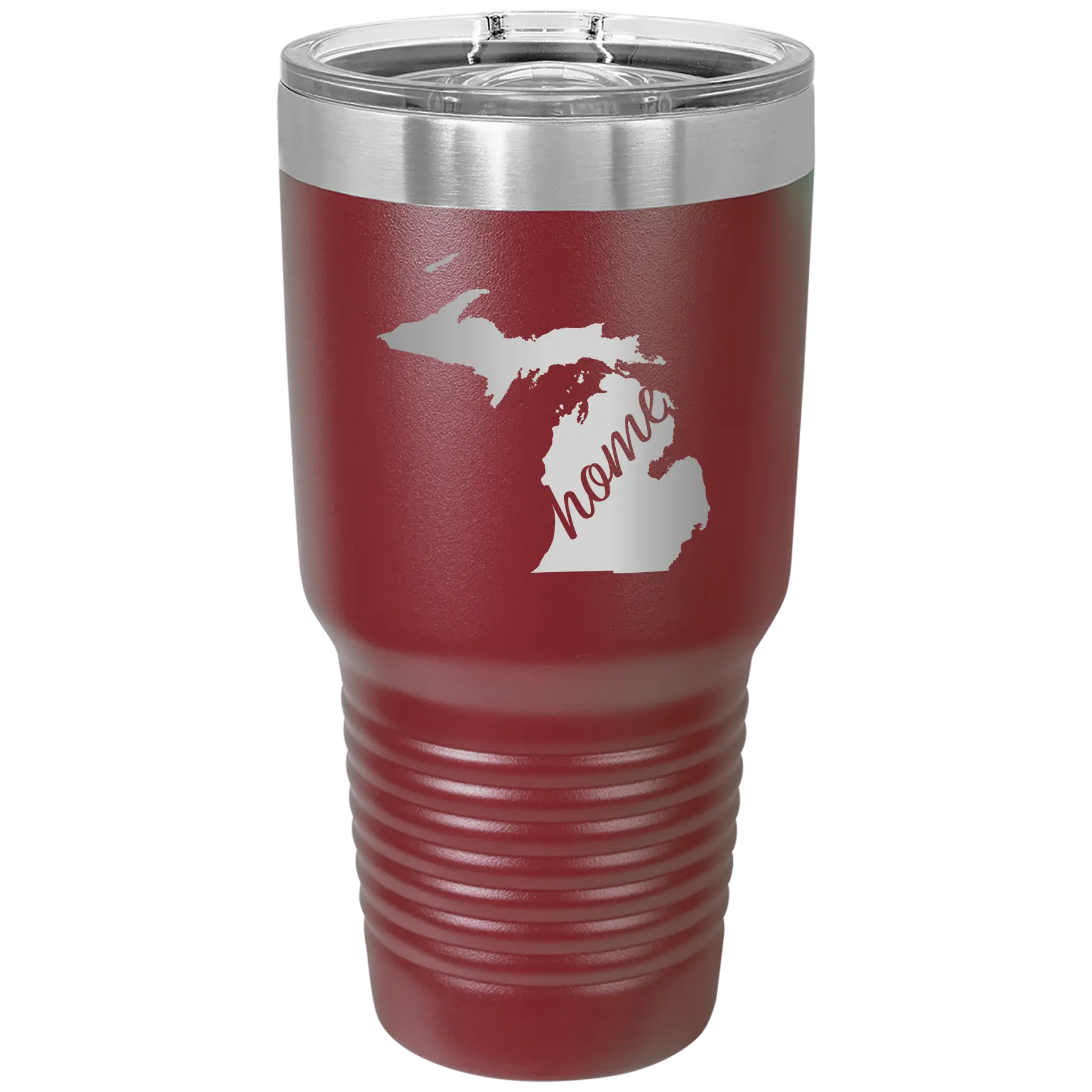 Laser etched maroon 30 oz vacuum insulated tumbler with 'Michigan Home' design