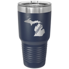 Laser etched navy 30 oz vacuum insulated tumbler with 'Michigan Home' design