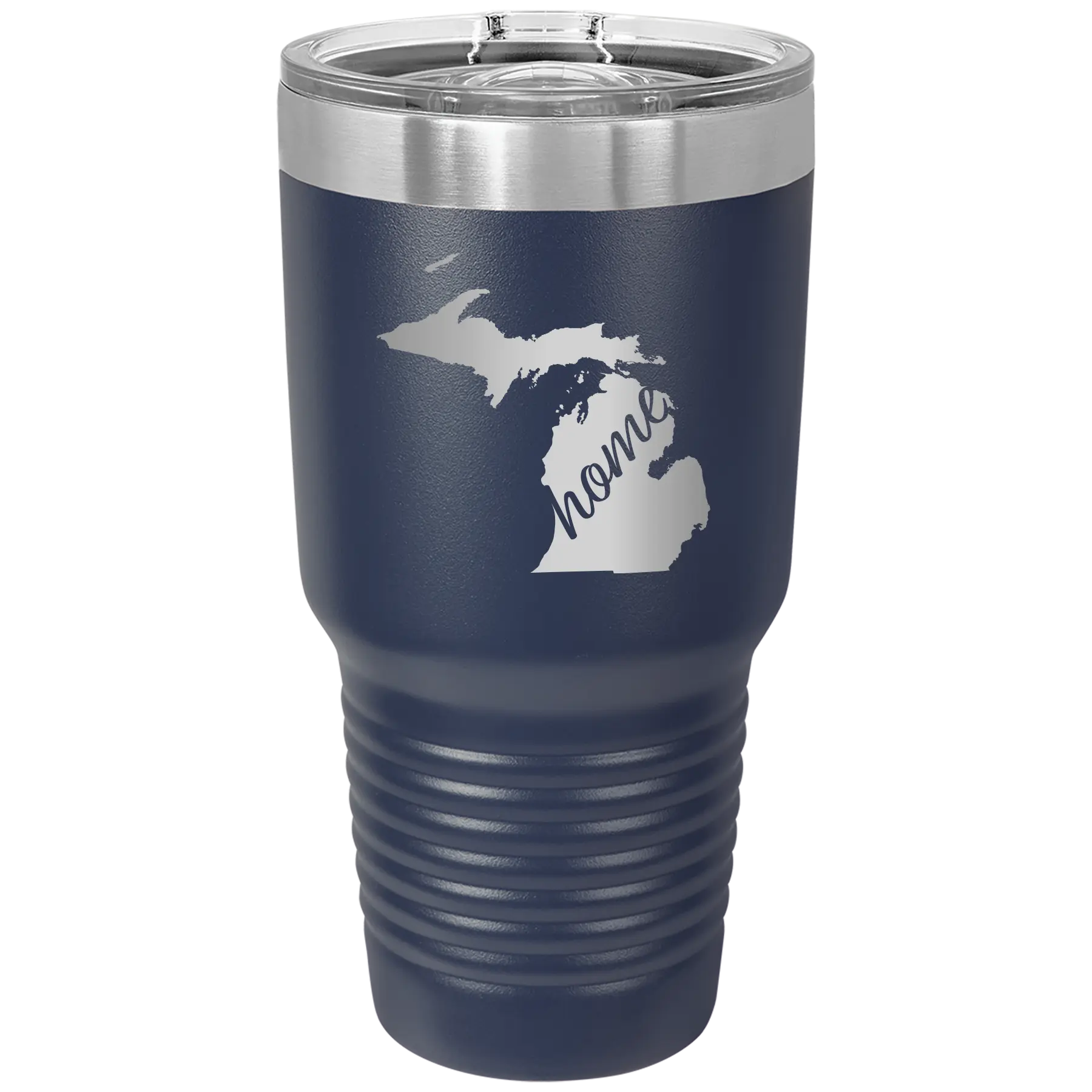 Laser etched navy 30 oz vacuum insulated tumbler with 'Michigan Home' design