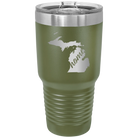 Laser etched olive green 30 oz vacuum insulated tumbler with 'Michigan Home' design