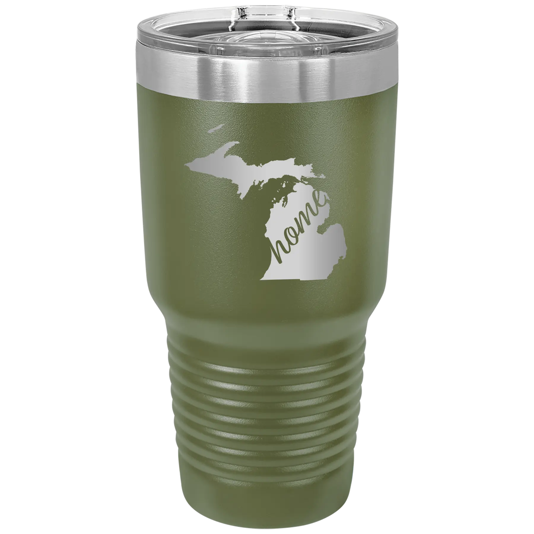 Laser etched olive green 30 oz vacuum insulated tumbler with 'Michigan Home' design