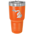 Laser etched orange 30 oz vacuum insulated tumbler with 'Michigan Home' design