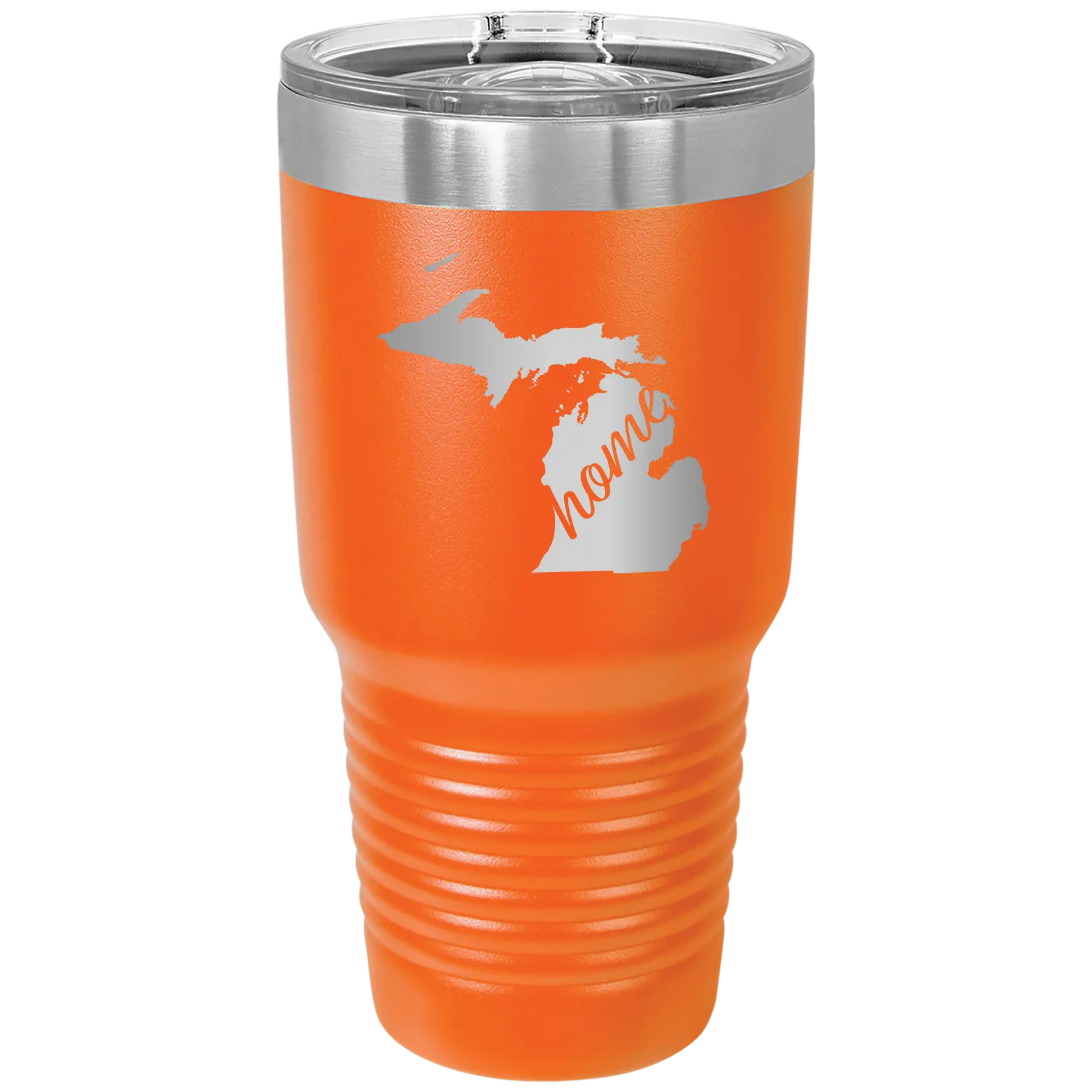 Laser etched orange 30 oz vacuum insulated tumbler with 'Michigan Home' design