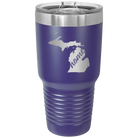 Laser etched purple 30 oz vacuum insulated tumbler with 'Michigan Home' design