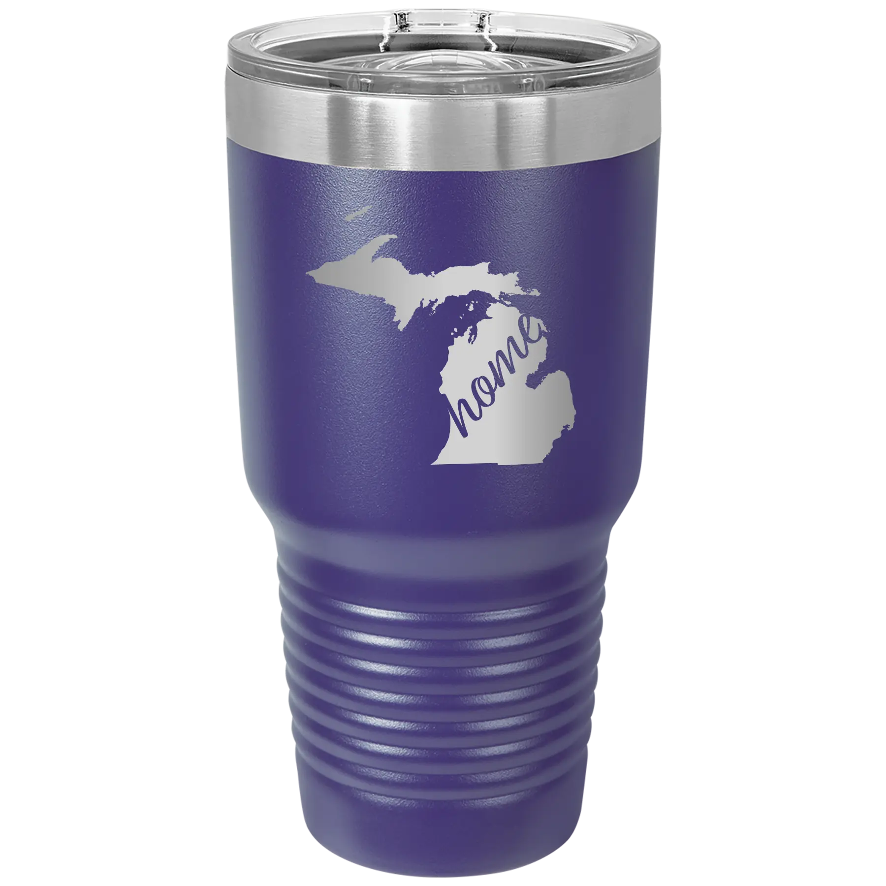 Laser etched purple 30 oz vacuum insulated tumbler with 'Michigan Home' design