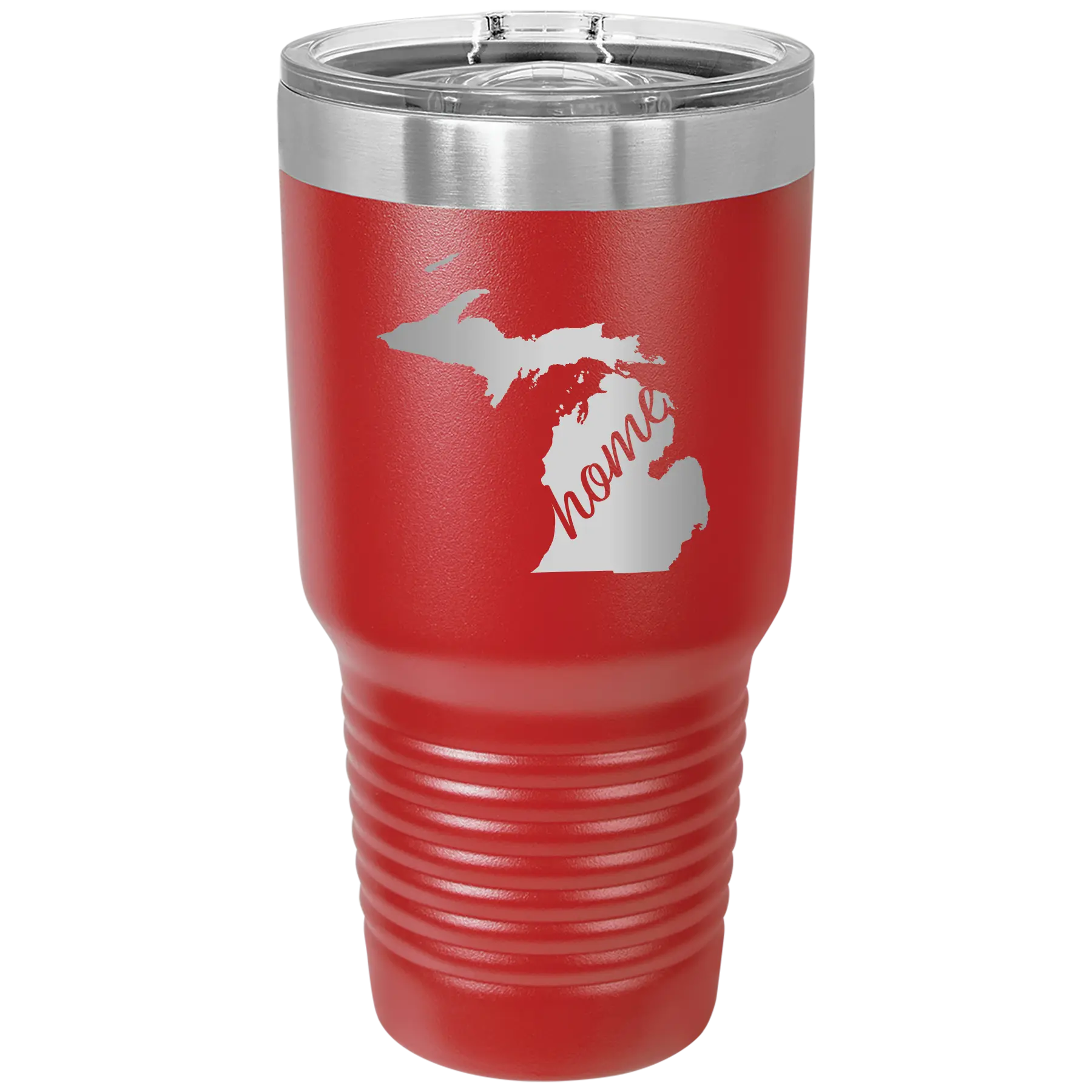 Laser etched red 30 oz vacuum insulated tumbler with 'Michigan Home' design