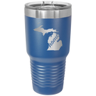Laser etched royal blue 30 oz vacuum insulated tumbler with 'Michigan Home' design
