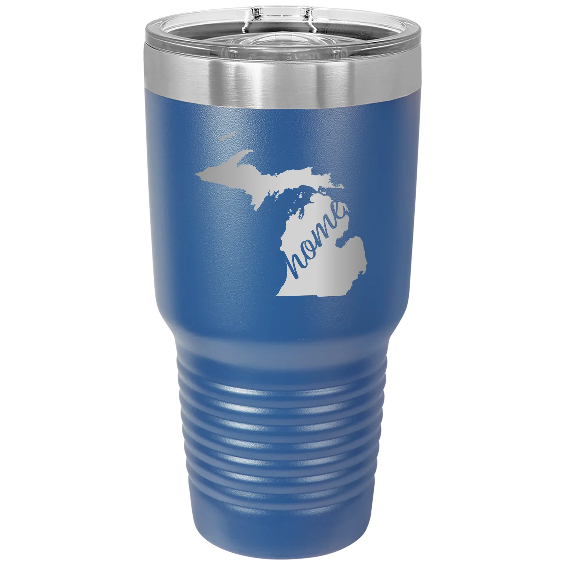 Laser etched royal blue 30 oz vacuum insulated tumbler with 'Michigan Home' design